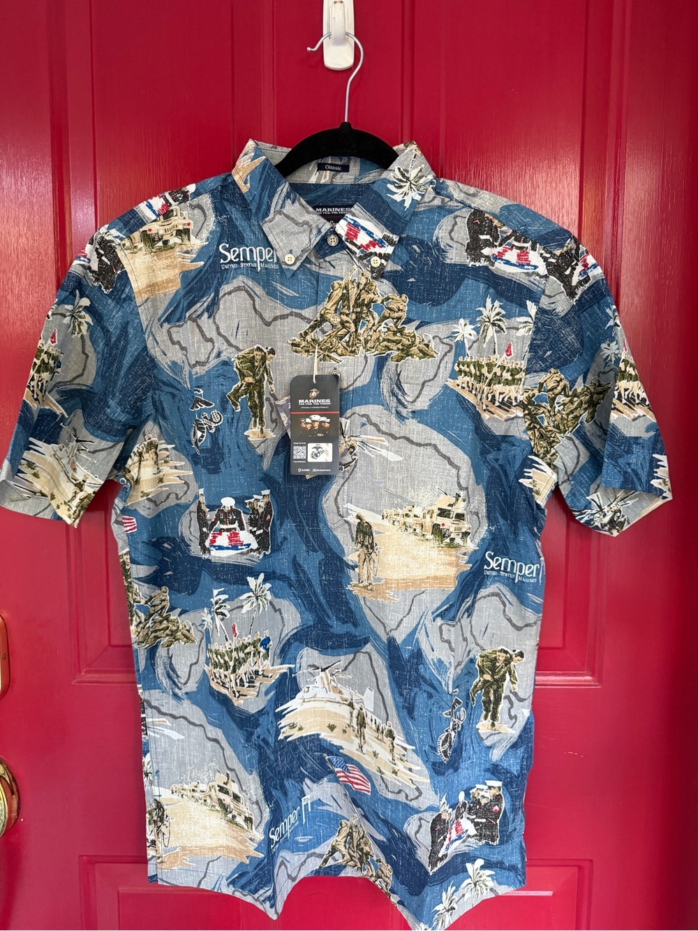Reyn Spooner USMC Marine Corps Red White Blue Military Button-Down Shirt - Picture 2 of 2